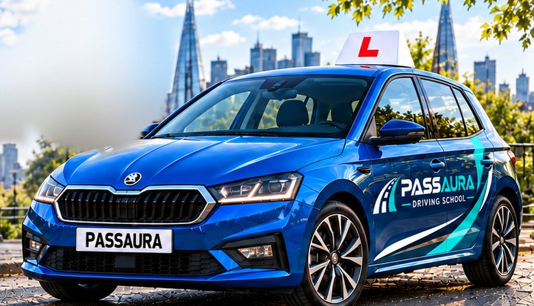 The blue Passaura Driving School car with Passaura livery, a PASSAURA number plate and an L plate on the roof